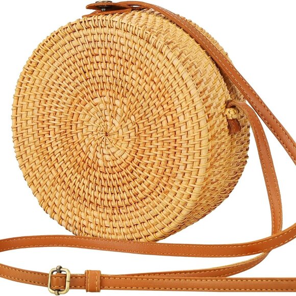 Boho Rattan Crossbody Bag for Women, Handwoven Round Rattan Bag Purse for Women, - Picture 1 of 6